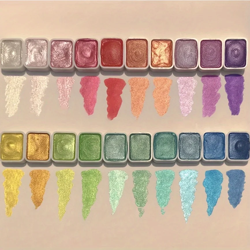 20-Farben-Aquarell-Malset aus Metall, tragbare Box mit glänzenden Perlen, solide Aquarellmalerei und Künstlerbedarf, Aquarell – Detail 1