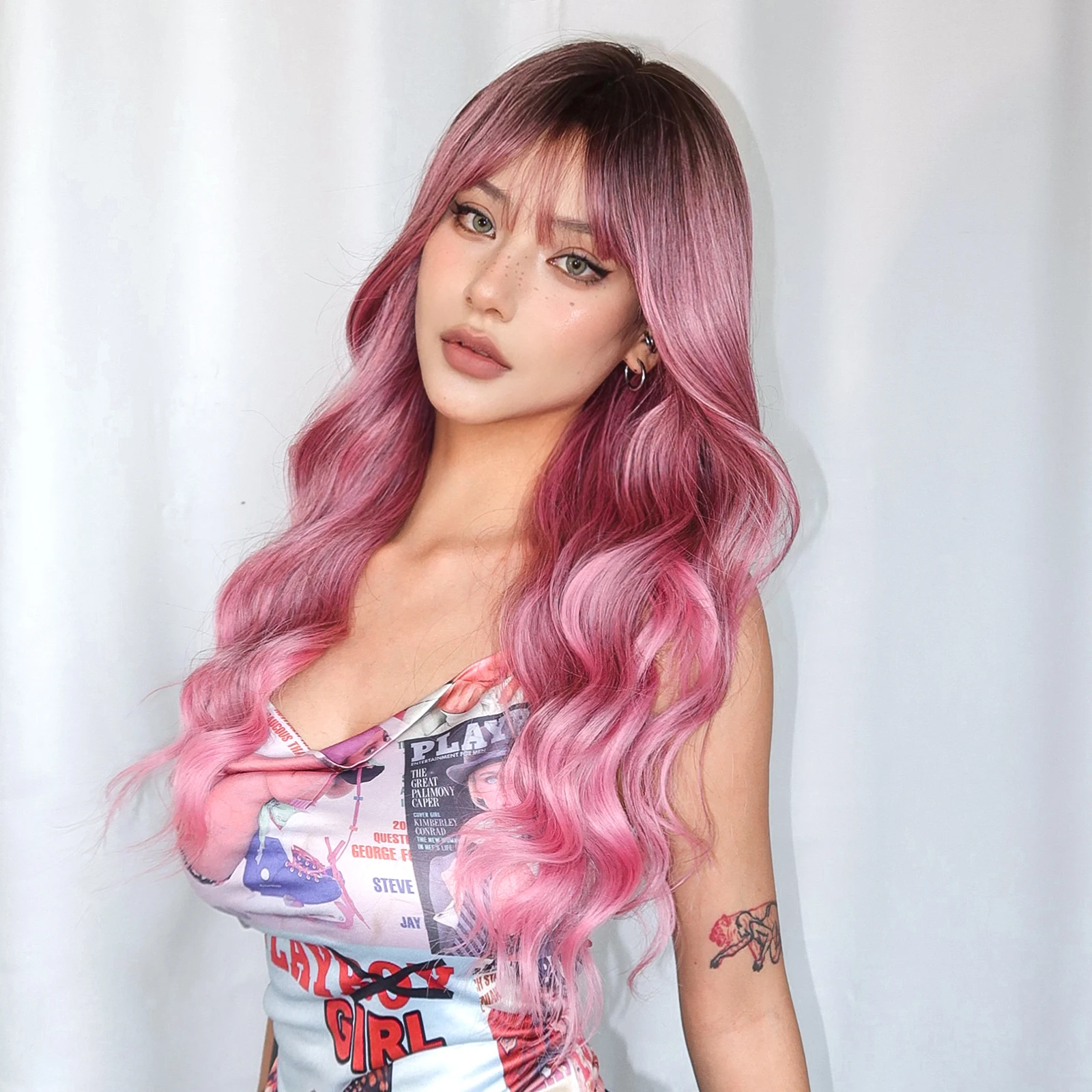 EASIHAIR Ombre Pink Red Long Wavy Synthetic Wig with Bangs Water Wave Hair Wigs for Women Heat Resistant Cosplay Daily Use Wig