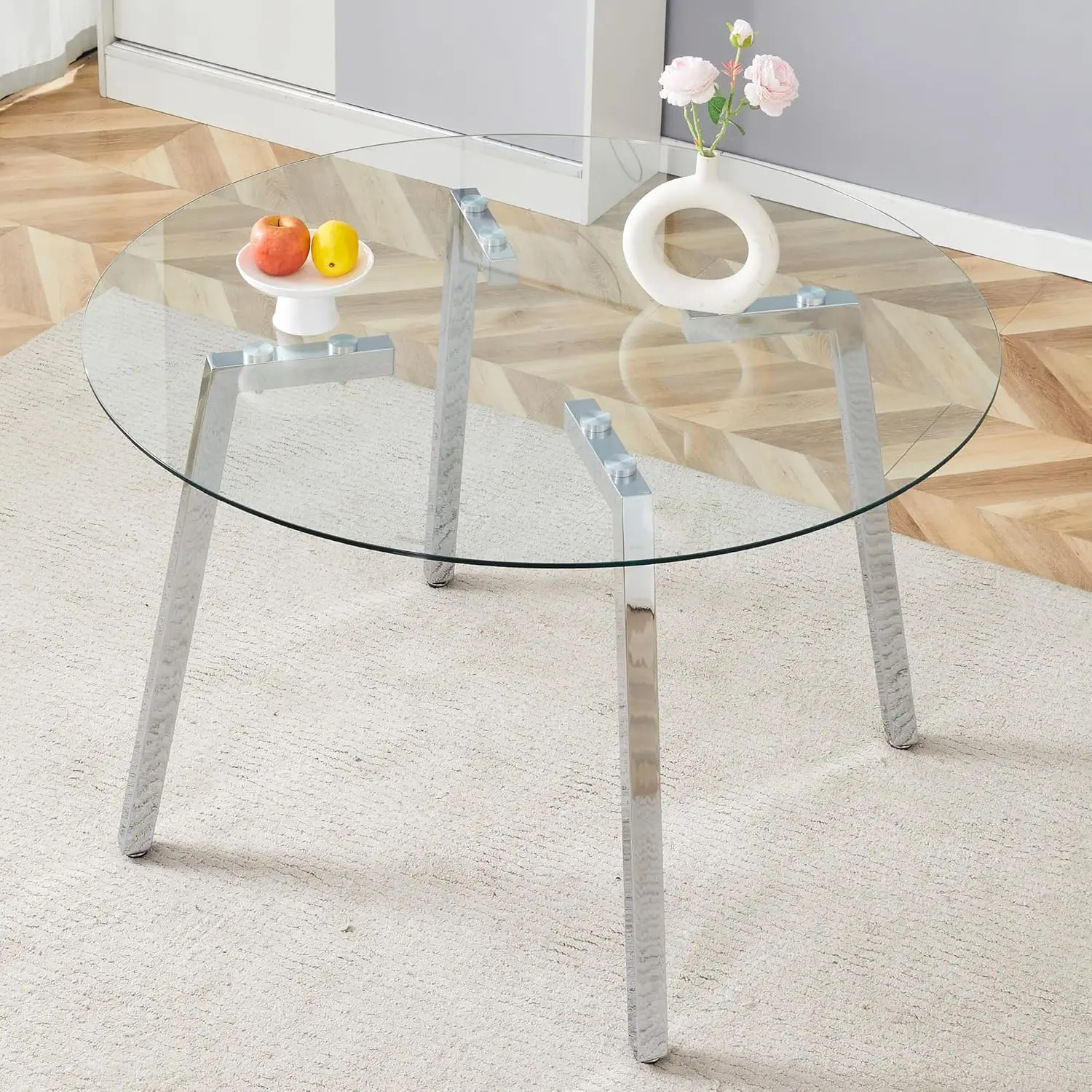 Modern Luxurious Round Tempered Glass Dining Table With Silver 7-Shaped Metal Legs,Suitable For Family Meals, Office