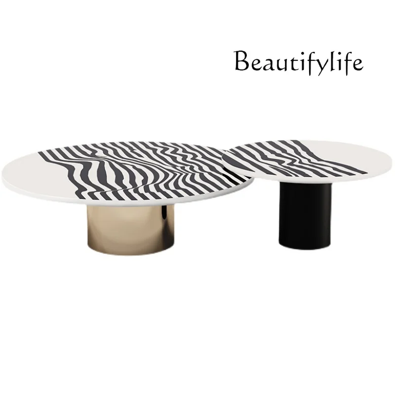 

Modern Light Luxury Stainless Steel Zebra Pattern round Tea Table Italian Minimalist Marble Tea Table Combination