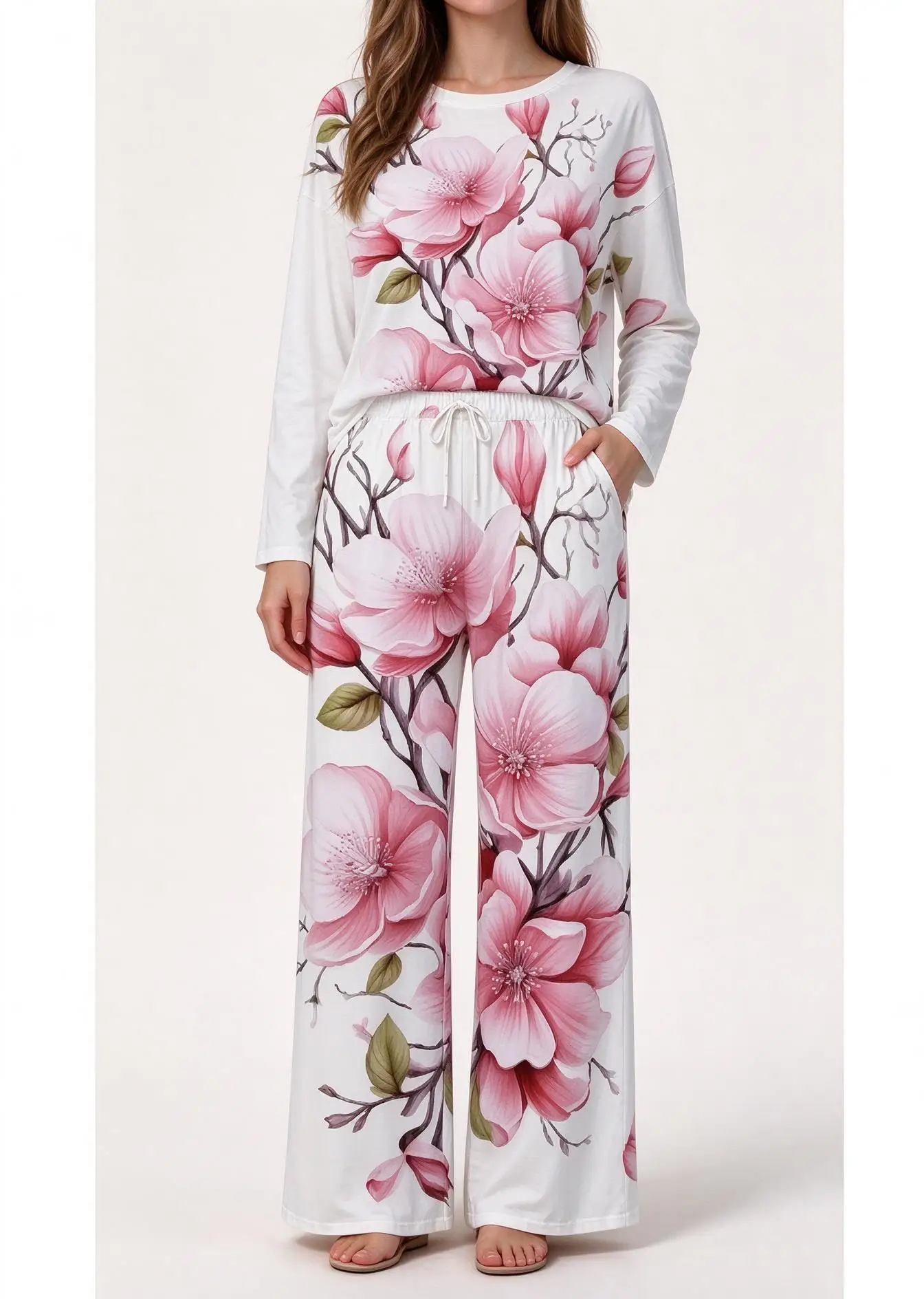 Women Imitation Cotton Pajama Set White Pink Rose Floral Print Round Neck Long Sleeve 2PCS Sleepwear Loungewear