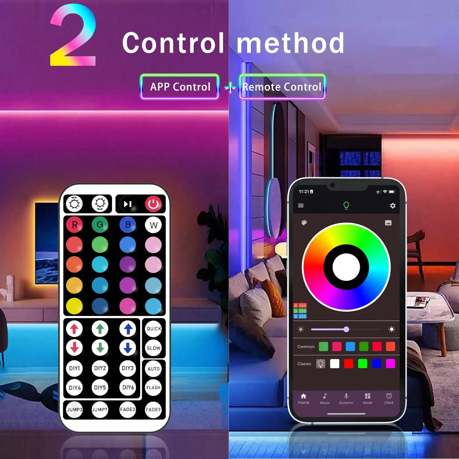ไฟ LED แถบยาว 16 ฟุต-100 ฟุต ซิงค์กับเสียงเพลง พร้อมรีโมท 44 ปุ่ม และควบคุมผ่านแอป สำหรับตกแต่งห้อง งานปาร์ตี้ และวันหยุด
