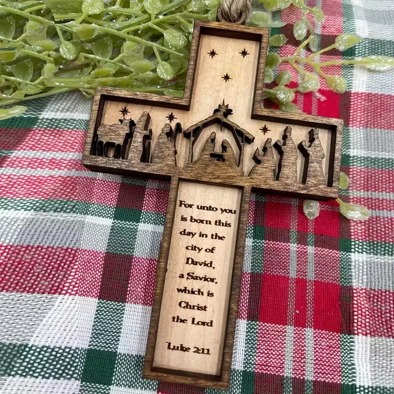3D Wooden Nativity Scene Cross Ornament, Handmade Christmas Tree Decoration, Home and Religious Decoration, 1Pc