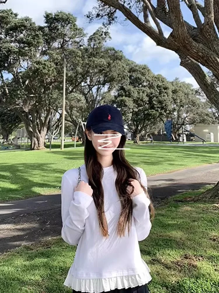 

Шикарная кружевная футболка с длинным рукавом, женская, свободного кроя, с круглым вырезом, базовая, в корейском стиле, для повседневной носки, осень-зима