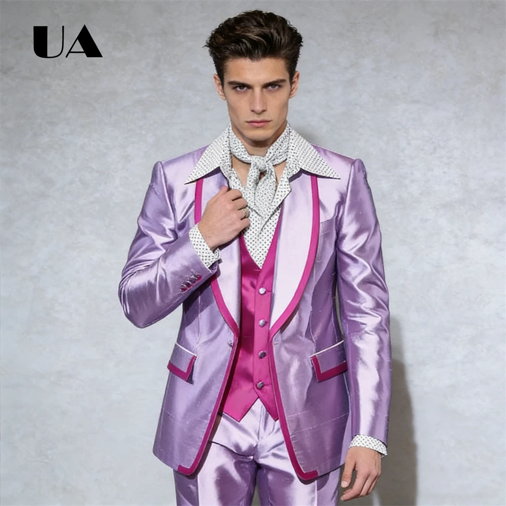 ULBYANRY Pageant Performance Satin Suit for Men, Three Piece Men's Formal Suit Attire, Color Contrasted Modern Fit Suits