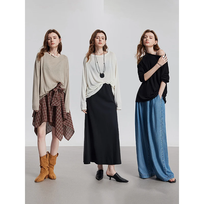 TOYOUTH المرأة كم طويل تي شيرت 2025 ربيع جديد ليوسيل الصوف تنوعا نقية بلوفر ملون الجلد الأساسية القمم