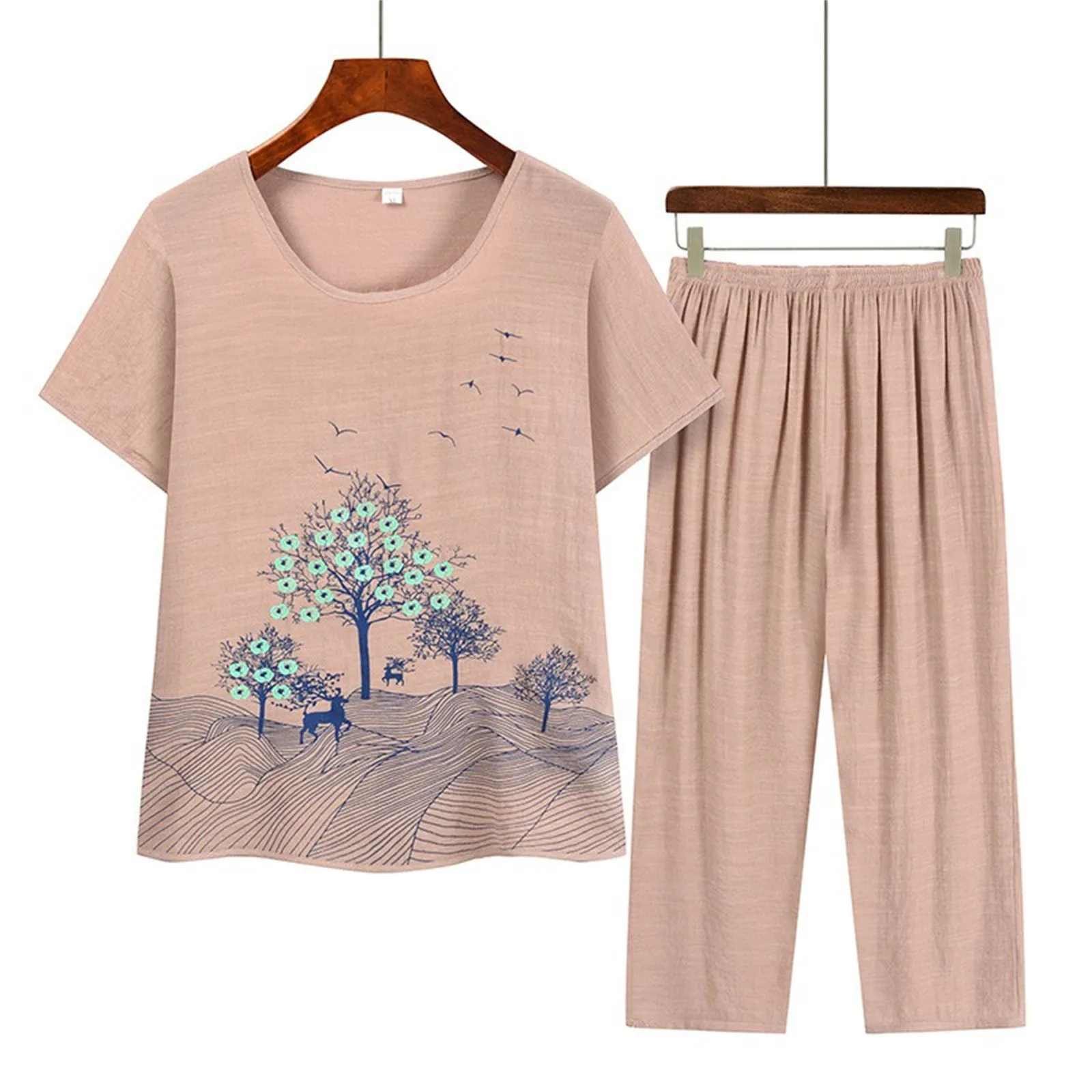 New Female Pajamas Set Sleepwear Women Cotton Print Flower Pyjamas Summer Loose Nightwear Home Large Summer Pants Two Piece Set