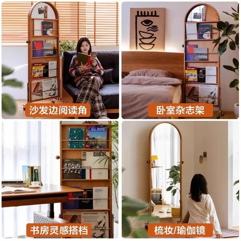 Retro floor, full-length mirror, home creative magazine book shelf, medieval movable solid wood