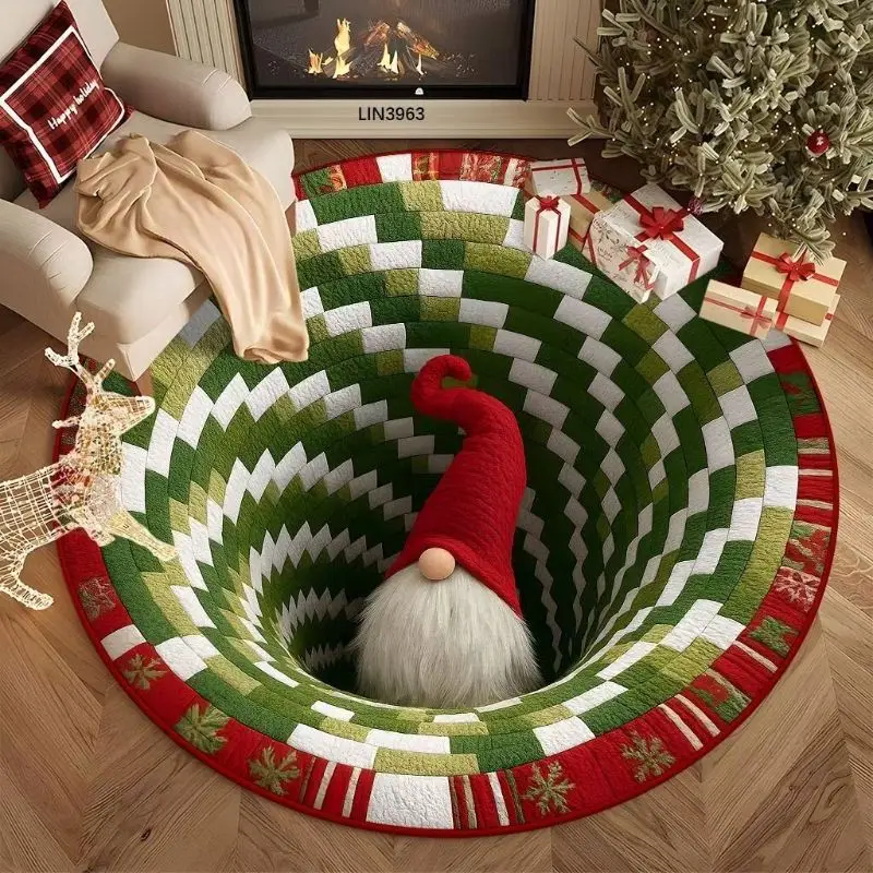 VIKAMA Christmas Round Rug 3D Illusion Tunnel Gnome Red White Green Patchwork Non Slip Area Rug Living Room Holiday Decor Unique