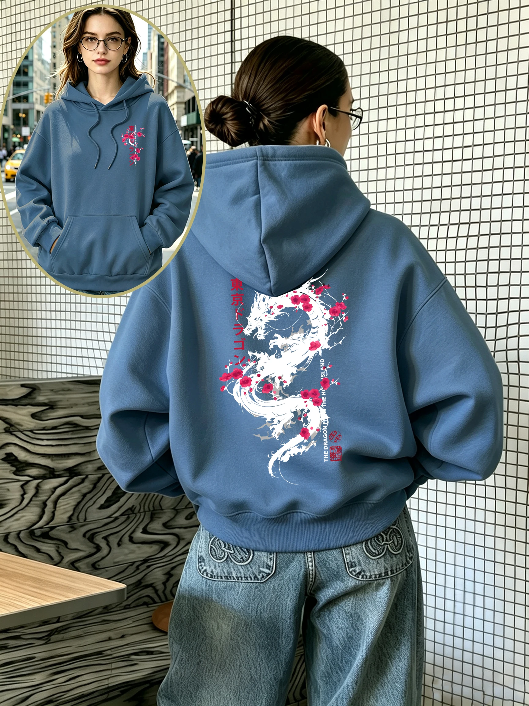 Tokyo Dragon Cherry Blossom Printing Women Hoody Pocket Oversized Autumn Hoodie Korean Comfortable Clothes Fleece Streetwear