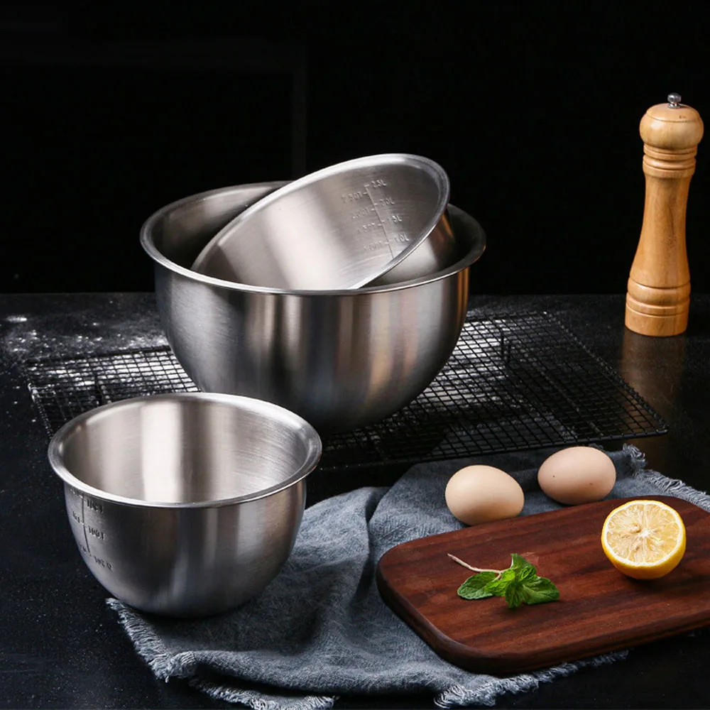 Deep 304 Stainless Steel Kitchen With Scale 9 Inches Sanding Egg Whisking Pan Mixing Bowl Salad Bowl Baking Tool