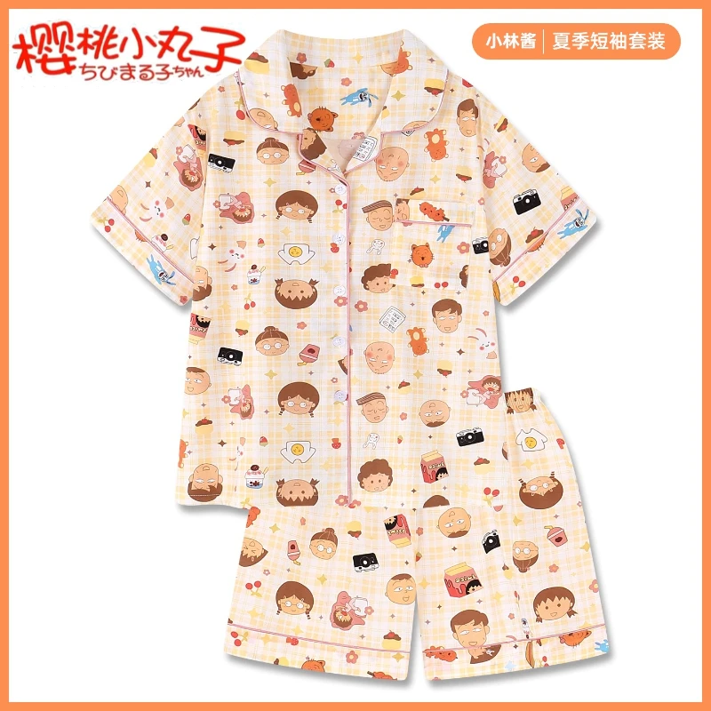Популярная пижама в стиле аниме Chibi Maruko chan, тонкие женские летние шорты с короткими рукавами, милый клетчатый каваи, домашняя одежда для девочек