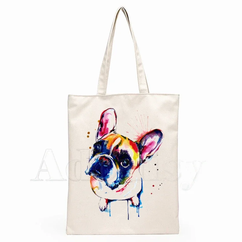 French Bulldog Fashion Canvas Bag Girls Simple Large Capacity Storage Handbag Shoulder Bag Tote Reusable Student Bookbag