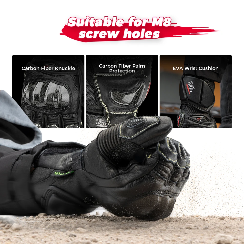 KEMITOUR Leder Racing Moto Handschuhe Für Motorrad Lange Manschette Professionelle Powersports Handschuhe Carbon Fiber Knuckle Für Männer Frauen – Detail 3