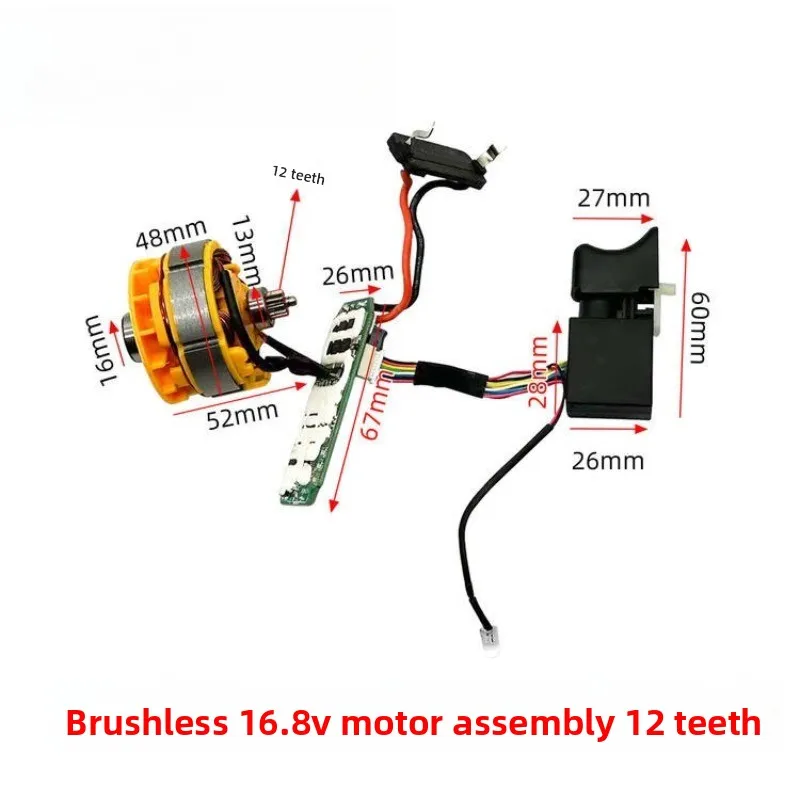 16.8V 2 Speed Brushless Full Motor Assembly, 12 Teeth Replacement Motor for Cordless Lithium Drill