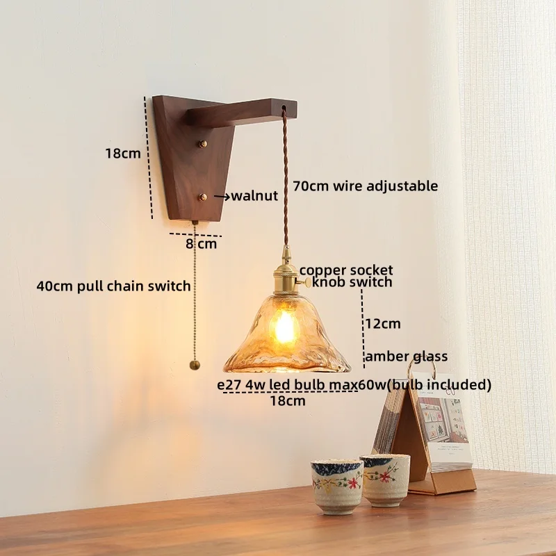 IWHD Walnut Copper LED Wall Lamp Sconce Balcony Bedroom Living Room Pull Chain Switch Nordic Stair Light Fixtures Espejo Pared