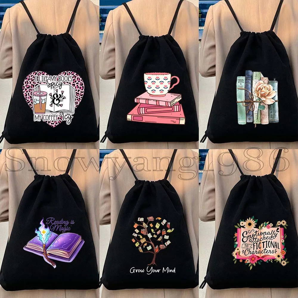 Aesthetic Books Lover Bookish Quotes Floral Flowers Growing From Books Reading Tea Cup Cat Drawstring Bag Backpack Gym Sackpack