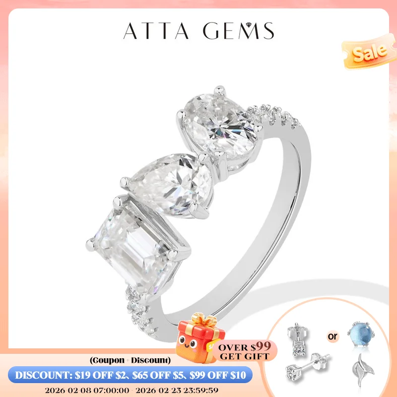 

ATTAGEMS Luxury D VVS1 Synthetic Moissanite Rings for Women S925 Sterling Silver Sparkling 3 Stones Engagement Ring Fine Jewelry