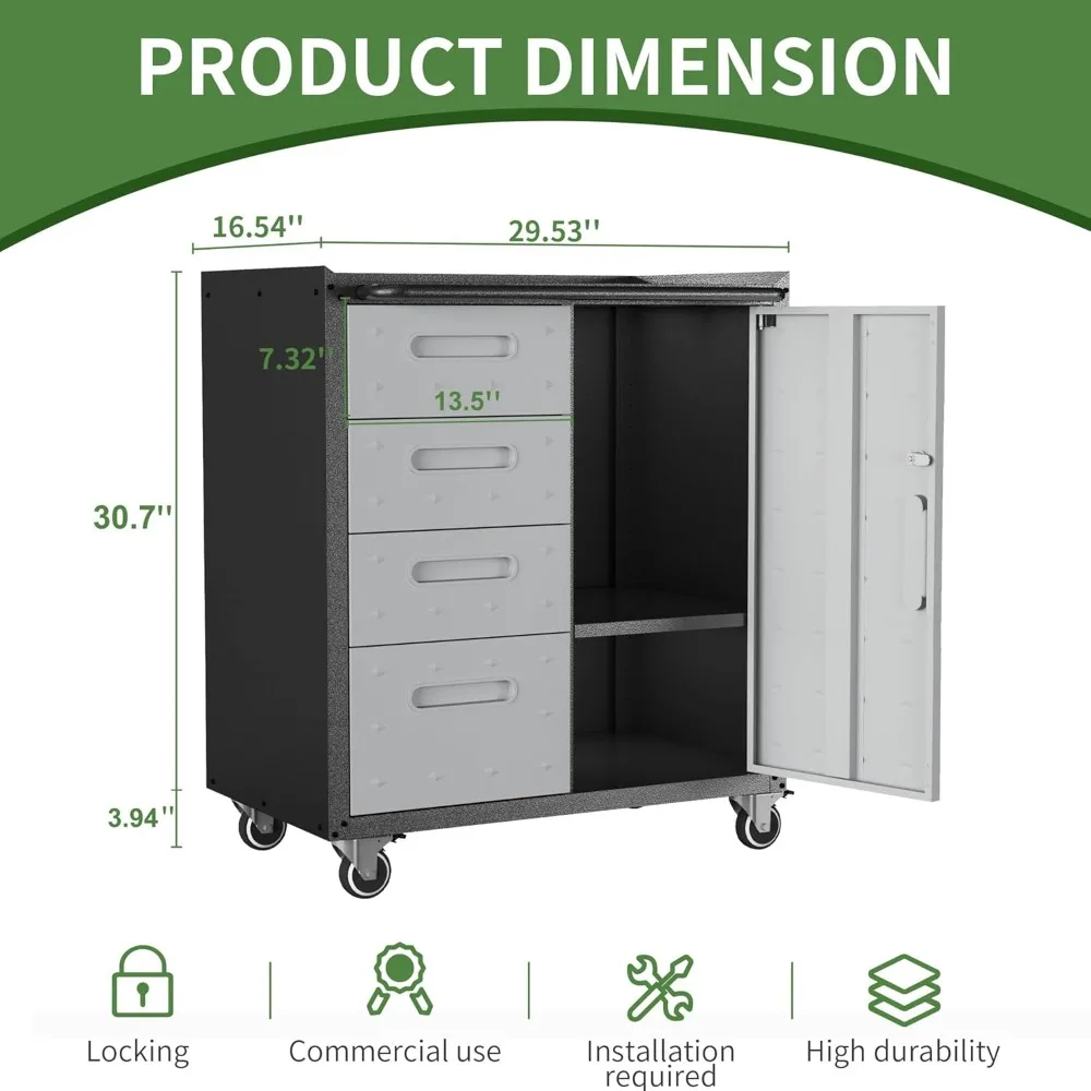 Heavy-Duty Metal Rolling Tool Cabinet with 4 Drawers for Garage Storage Solutions