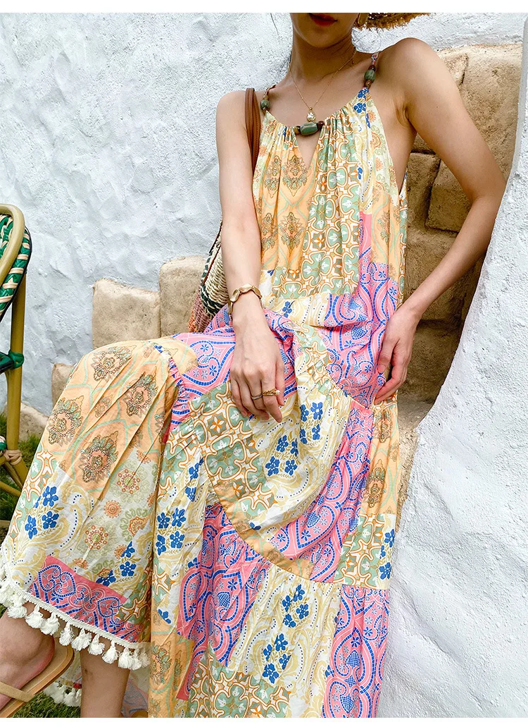 Abito lungo vintage Boho stampato floreale Abito estivo da donna 100% cotone con cinturino per spaghetti Vacanza al mare Abiti da donna bohémien Nuovo