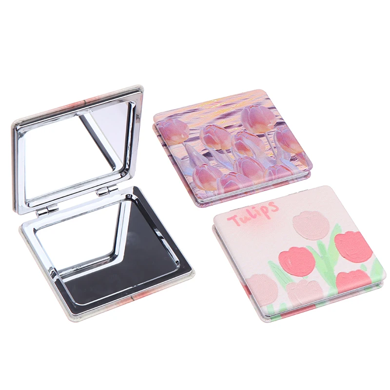 Portable Pocket Folding Small Mirror Magnifying Mirror For Makeup Abstract Oil Painting Style Double Sided Mirror Square