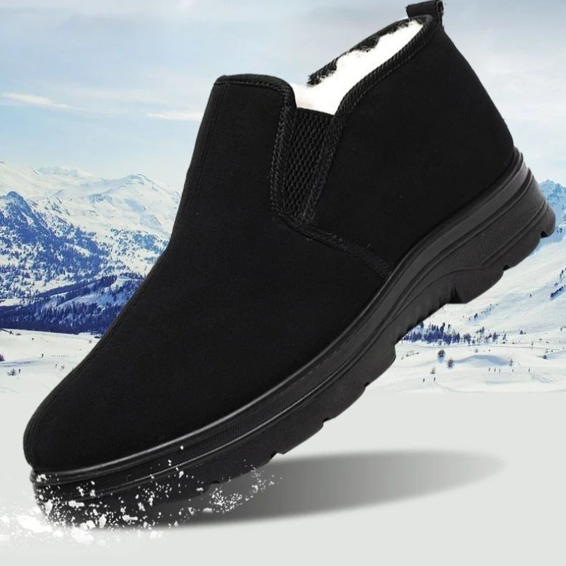 Men Winter Warm Fleece‑Lined Slip‑on Cloth Shoes, Elastic Side Casual Loafers, Non‑Slip Thick Sole Walking Flat Shoes