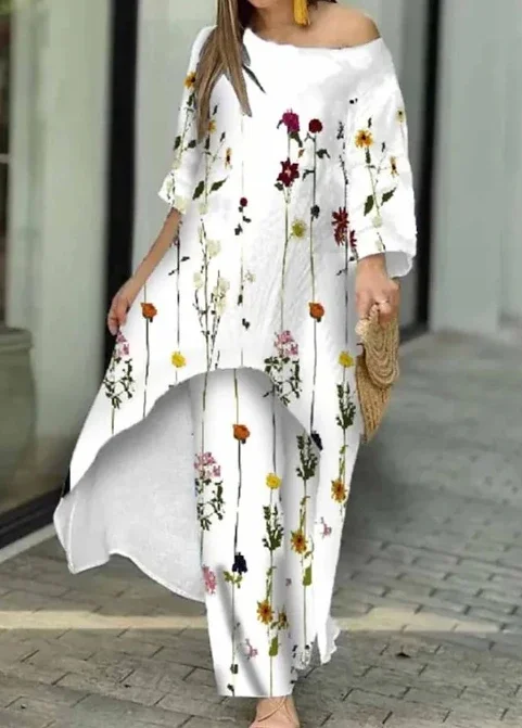 Two Piece Set Women Outfit 2023 Spring Fashion Casual Loose Irregular Print Round Neck Long Sleeve Top & Wide Leg Pants Suit