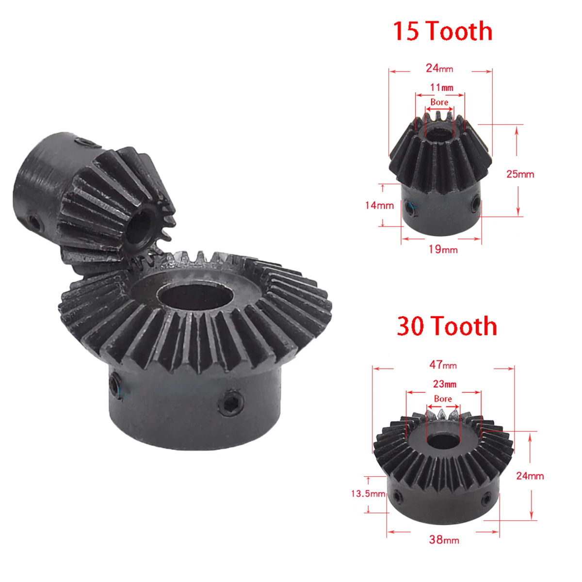 1Pcs 1:2 Bevel Gear 45# Steel 1.5M 15 Tooth 30 Tooth Bore 5/6/8/10/12/15mm Gear 90 Degrees Meshing Angle Steel Gears