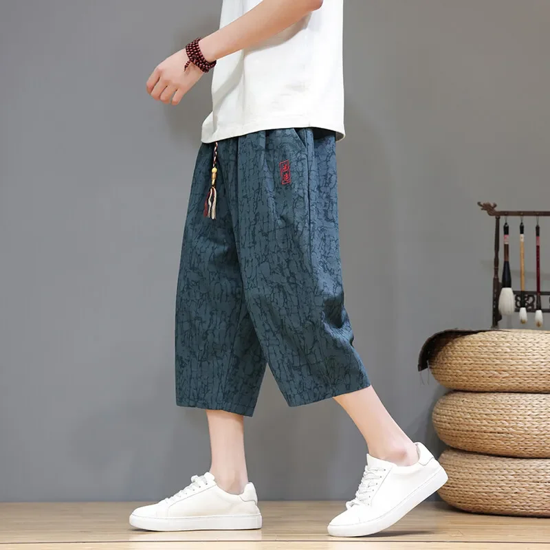

Pop 2025 Summer Men Solid Color Harem Pants Men Chinese Style Oversized Calf Lenght Pants Women Casual Loose Hip-Hop Trousers