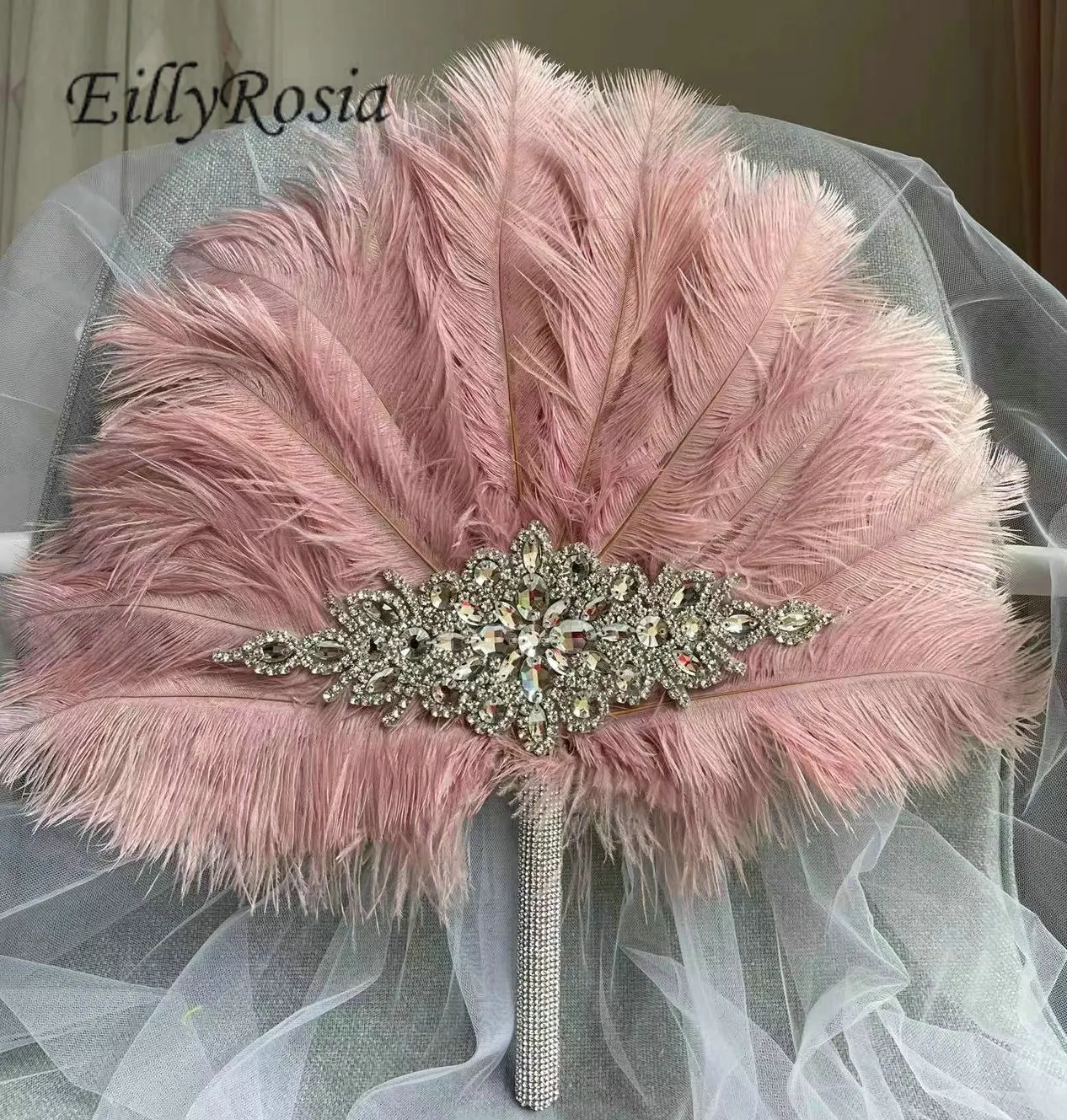 

EillyRosia Pink Wedding Ostrich Feather Fan Alternative Brooch Bouquet for Bride Great Gatsby 1920s Bridal Fan Fan Bouquet