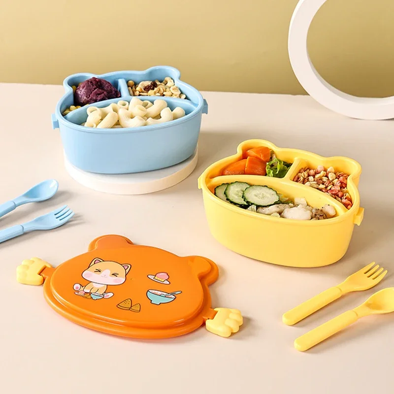 Cute Cat Shaped Lunch Box Double Layer Food Container with Fork and Spoon Microwave Children Bento Box