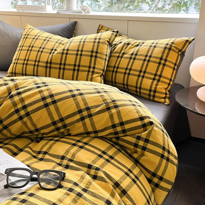 Japanese Style Plaid Pure Cotton Bedding Set Soft Washed Cotton Cozy Bedclothes Queen Single Fitted Sheet Quilt Cover Pillowcase