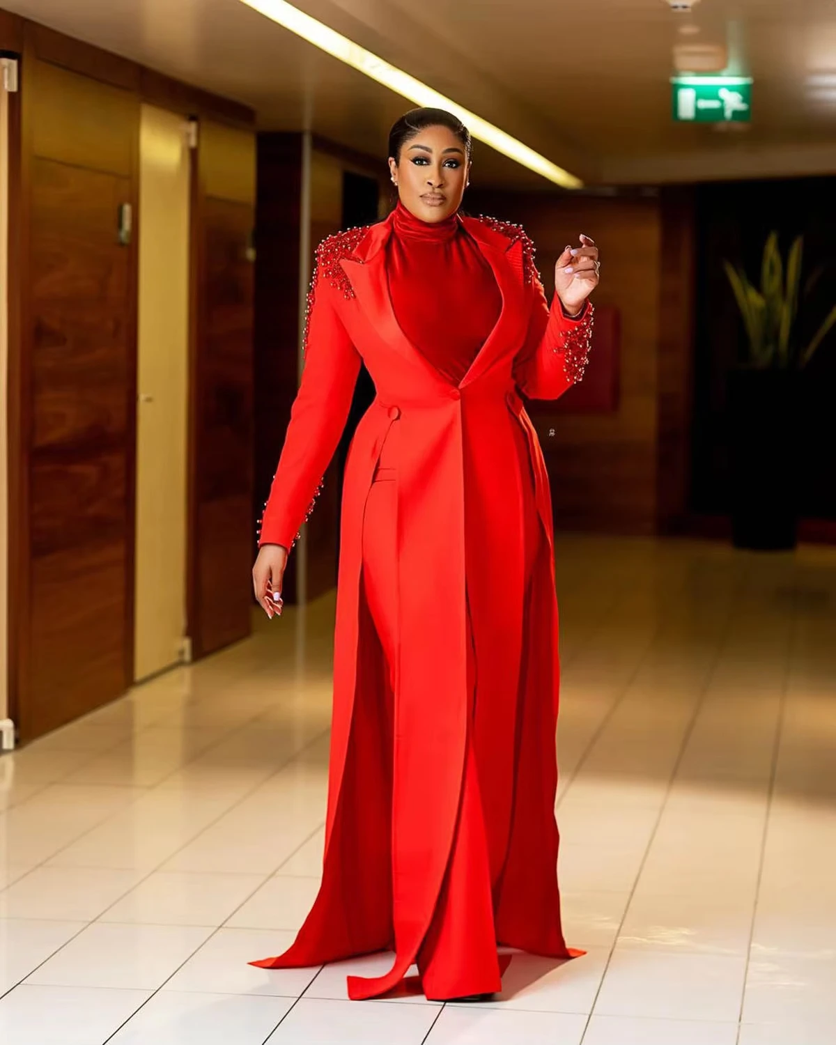 Red Long Blazer Dress Pearls Beading V Neck Jacket Prom Birthday Party Evening Guest Formal Wear Custom Made 2 Pieces Plus Size