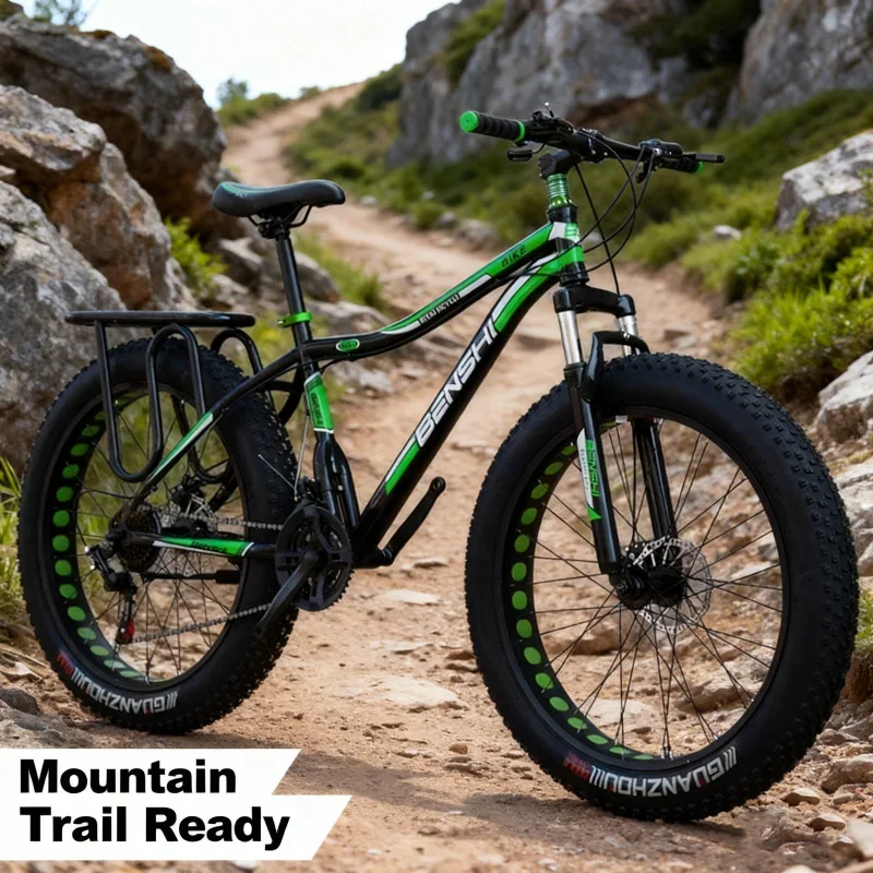 

Adult Men's Large Tire Bicycle Black & Green Hollow Design Variable Speed Thick Wide Snow Mountain Off-Road Fat Bike for Beac