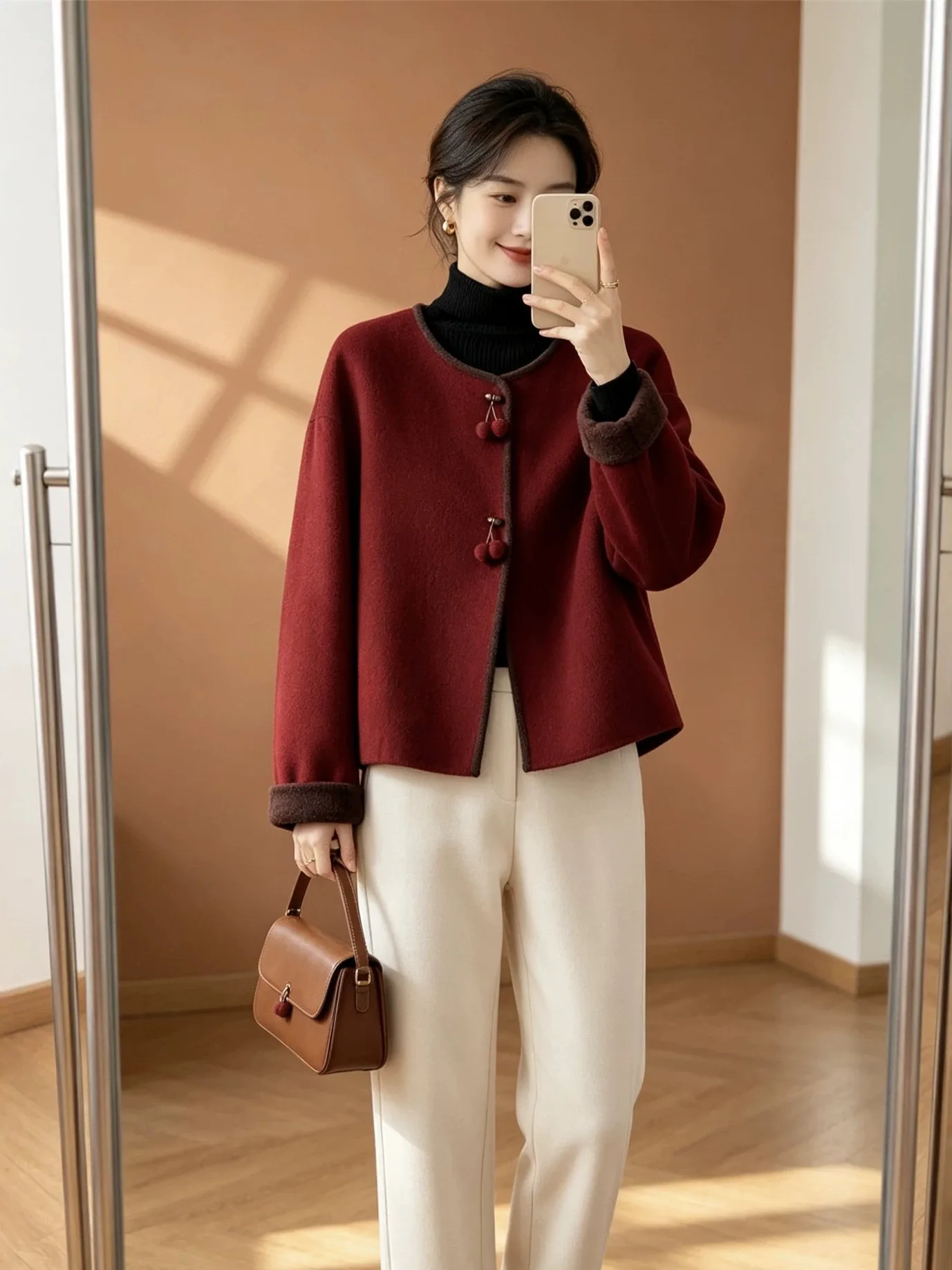 Autumn Winter New Style Chinese National Small Fragrance Woolen Coat Women Short round Neck Single Button Sheep Plush Jacket