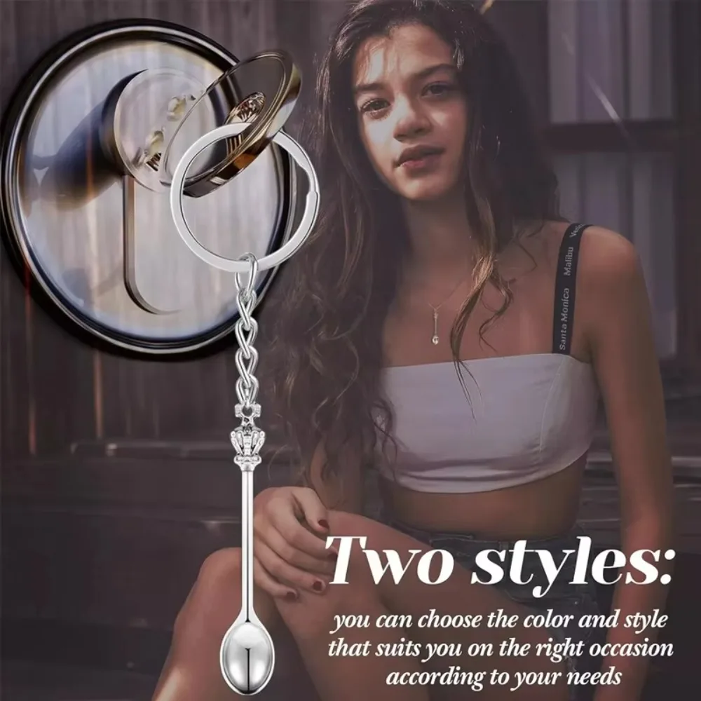Alice Crown Mini Spoon with Keychain Ring Dessert Small Scoop Vintage Kitchen Spoon DIY Pendant Accessories Jewelry Gift For Men