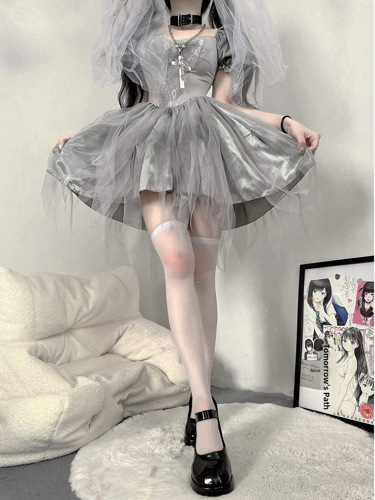 고딕 로리타 k 서브컬쳐 섹시 걸 의상 폴리에스터 섬유 버블 스타일 브이넥 봄 여름 가을 청소년용...