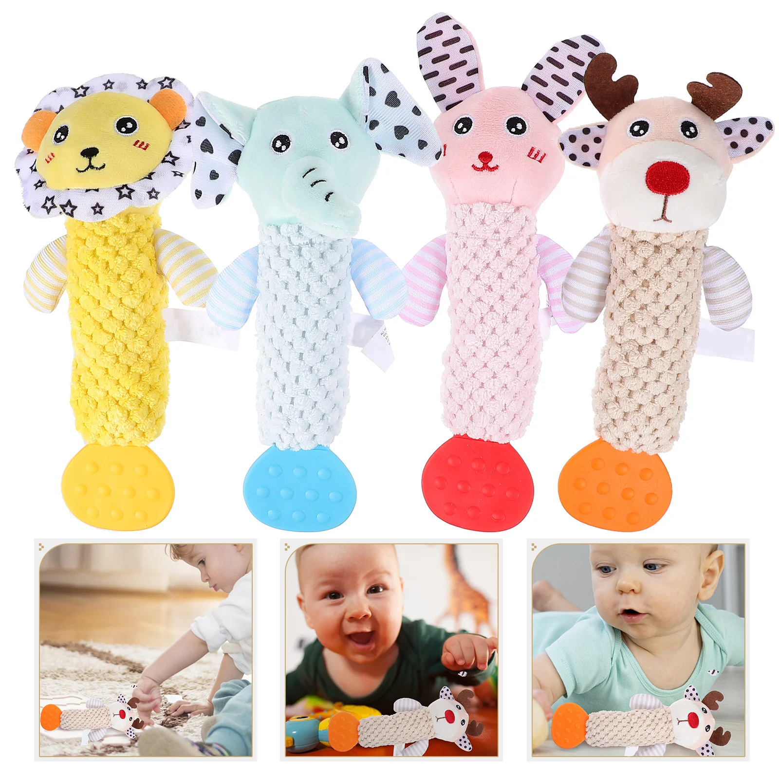 Chocalho de mão com design animal, 4 unidades, desenho animado, bebê, apaziguar para desenvolvimento intelectual, agarrar habilidades de coordenação auditiva