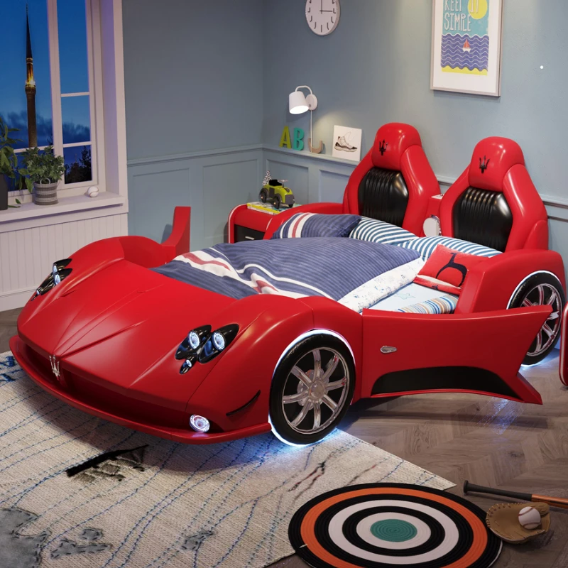 

Sports Car Creative Leather Bed Multifunctional Car Children's Bed 1.2 M Single a Bed with Cartoon Figures in Stock