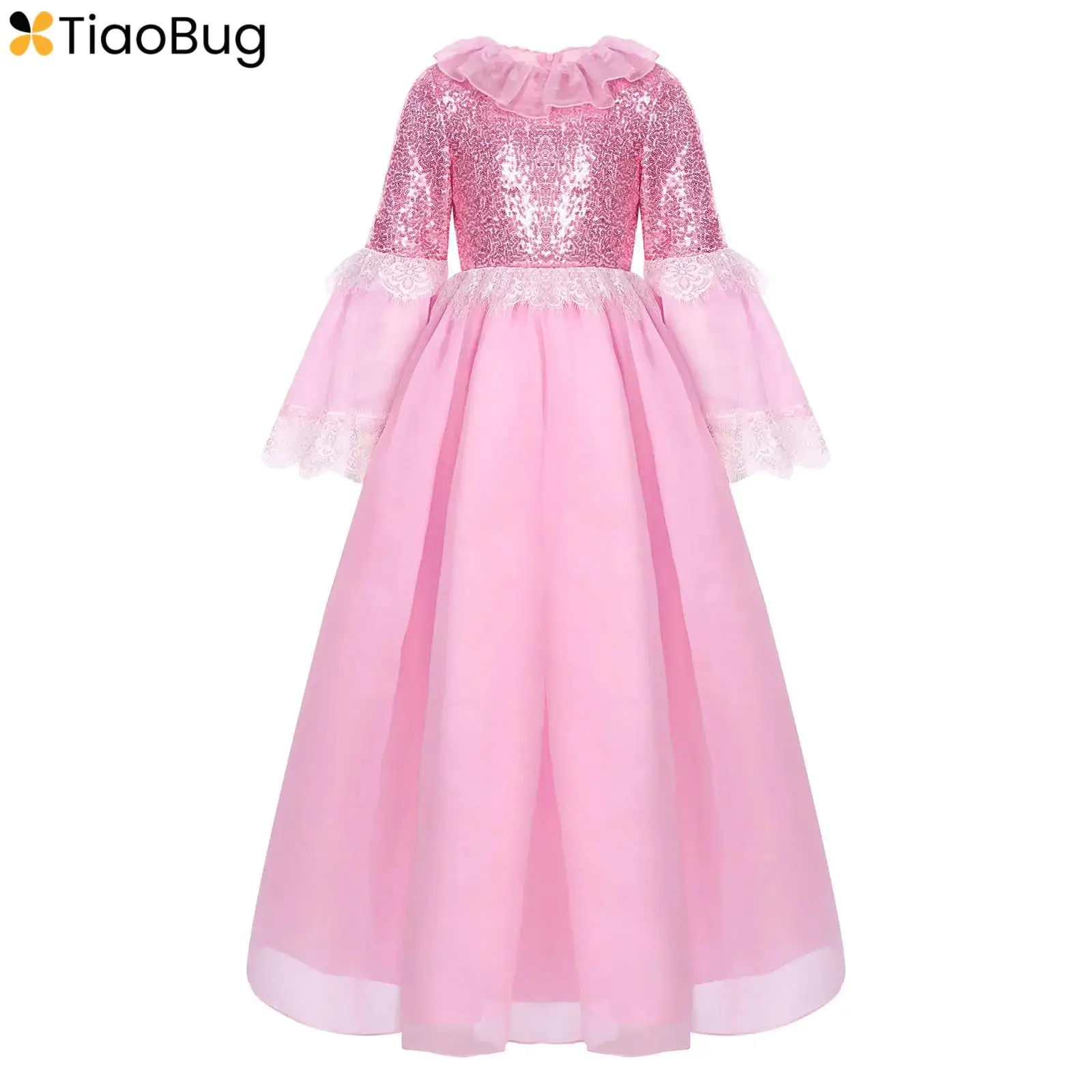 

New Children Sweet Flower Girls Dress Flare Sleeve Round Collar Sequin Lace Gown Formal Wedding Birthday Party Princess Dresses