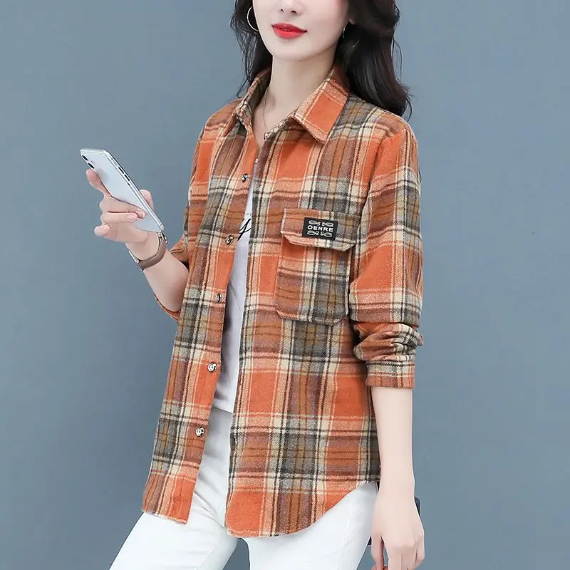 Women\'s Autumn Fashion Simplicity Plaid Polo Collar Long Sleeve Shirts Women Clothes Casual All-match Temperament Loose Tops