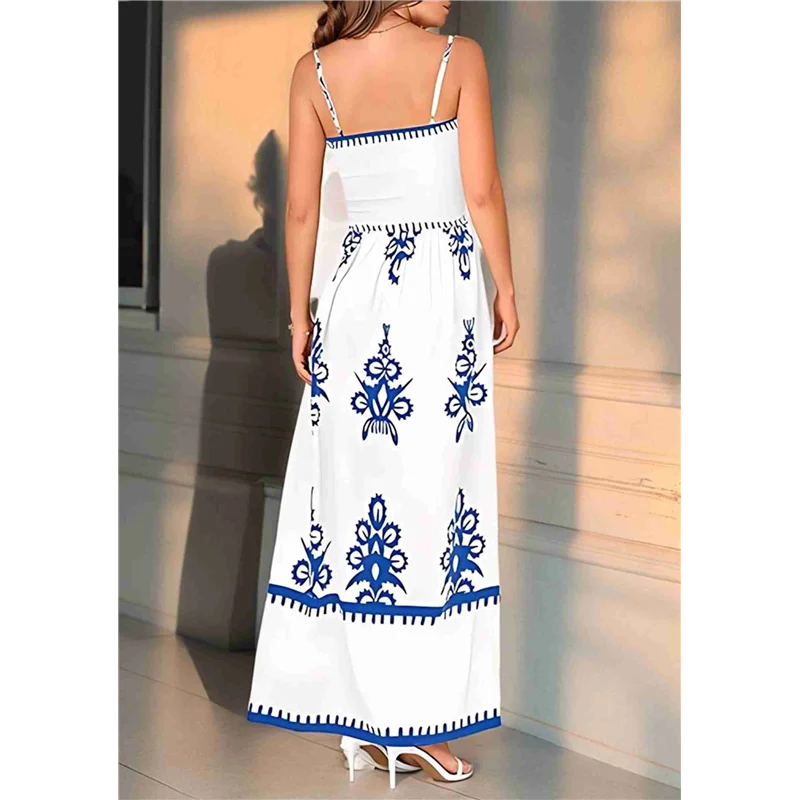 A83F-Abito estivo da donna 2025 Abito estivo floreale con cinturino per spaghetti Abiti maxi Boho per vacanze al mare fluidi