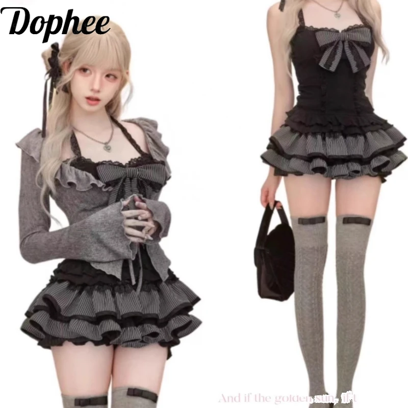 

Dophee Hot Chick 3 Piece Set Elegant Grey Long Sleeve Cardigans Coat + Cute Bow Camis Top + Stripes Ruffles Cake Skirt Suits