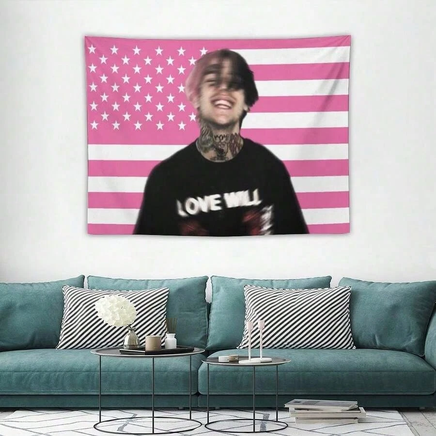 1 Stück Lil Peep Pink American Flag Wandteppich, Rapper-Fan-Wandbehang, coole Zimmerdekoration, große Größe, Polyester 2D-Druck, Schlafzimmerdekoration