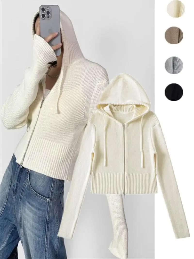 

Женский вязаный кардиган Street Sle ort с двойной молнией Long Sve Slim Fit с капюшоном и открытой рубашкой в стиле ретро Jaet