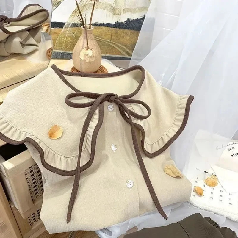 여성용 빈티지 부드러운 셔츠, 피터팬 칼라, 프랑스 스타일, 대학생 루즈한 문학 레이스업, 달콤한 가을 디자인, 인기 만능