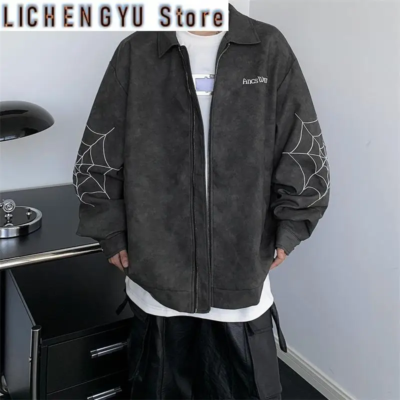 

Europe United States High Street Spider Embroidery PU Leather Jacket Men Autumn Niche Design Wash To Do Fashion Brand Trend Coat