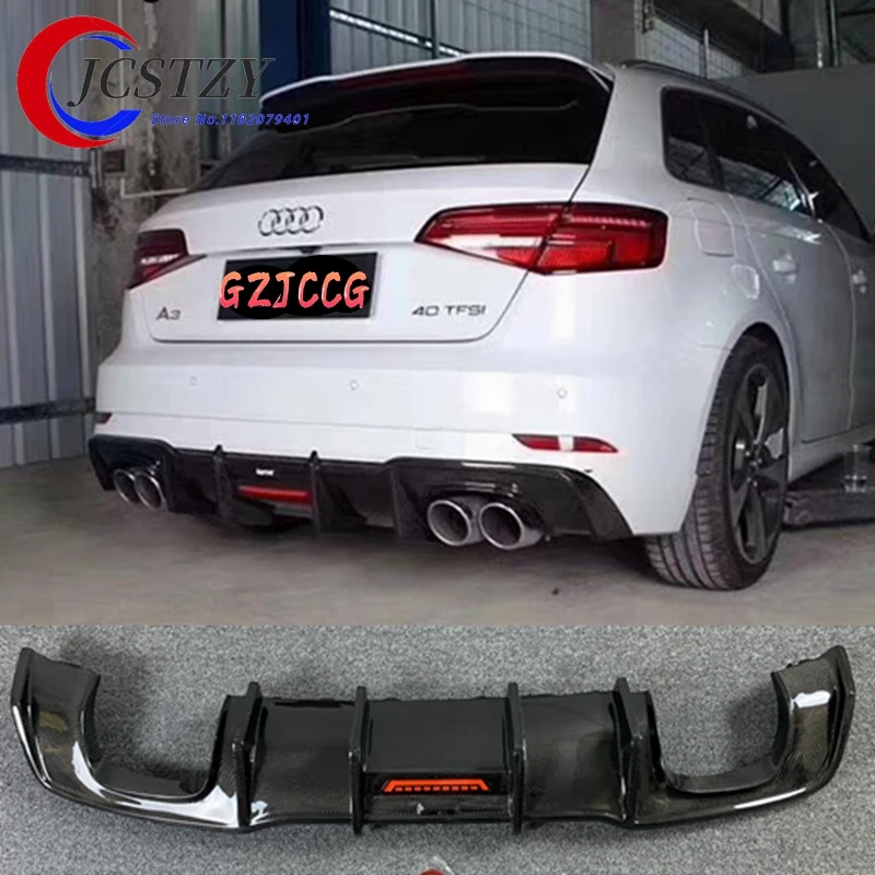 JCSTZY Carbon fiber Rear Bumper Lip Spoiler Diffuser Cover For Audi A3 S3 SLINE Hatchback Sportback 2017 2018 2019 2020 (With La