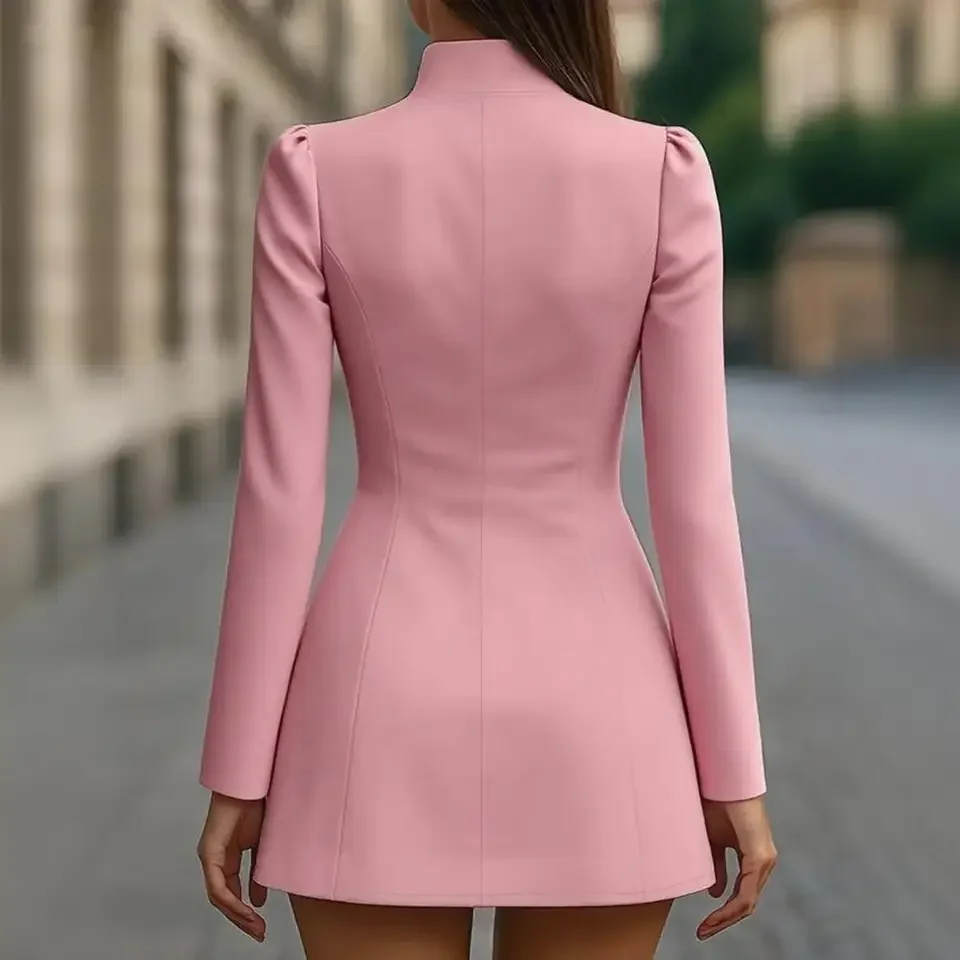 

New Autumn Women's Commuting Dress Elegant Slim Long Sleeve Stand Collar Split Button Spring Office Midi Dress Single-Breasted