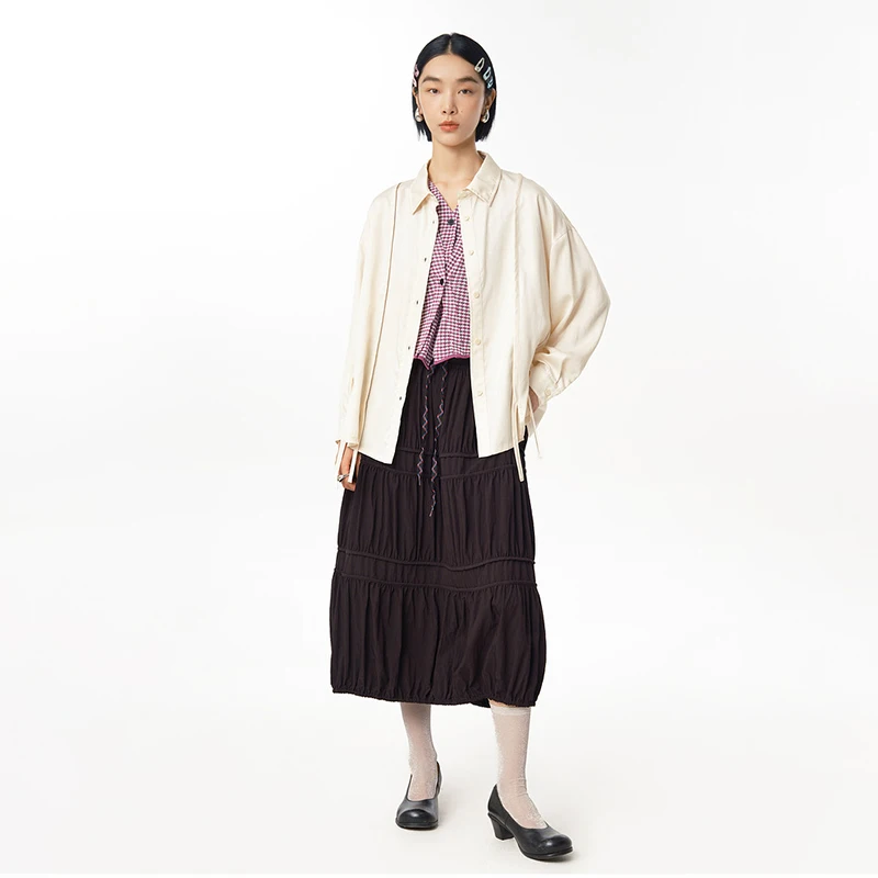 

MOVEUP Oversized Long Sleeved Women Shirt Spring Drop Sleeves Solid Color Pleated Personalized Casual Fashion Top 125120406